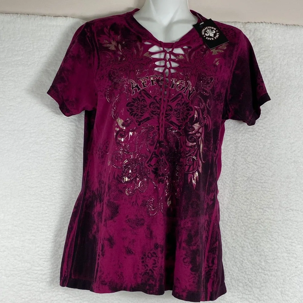 Affliction Diamondhead Lace Up Braided Back Tee Magenta Black Foil NWT Large
